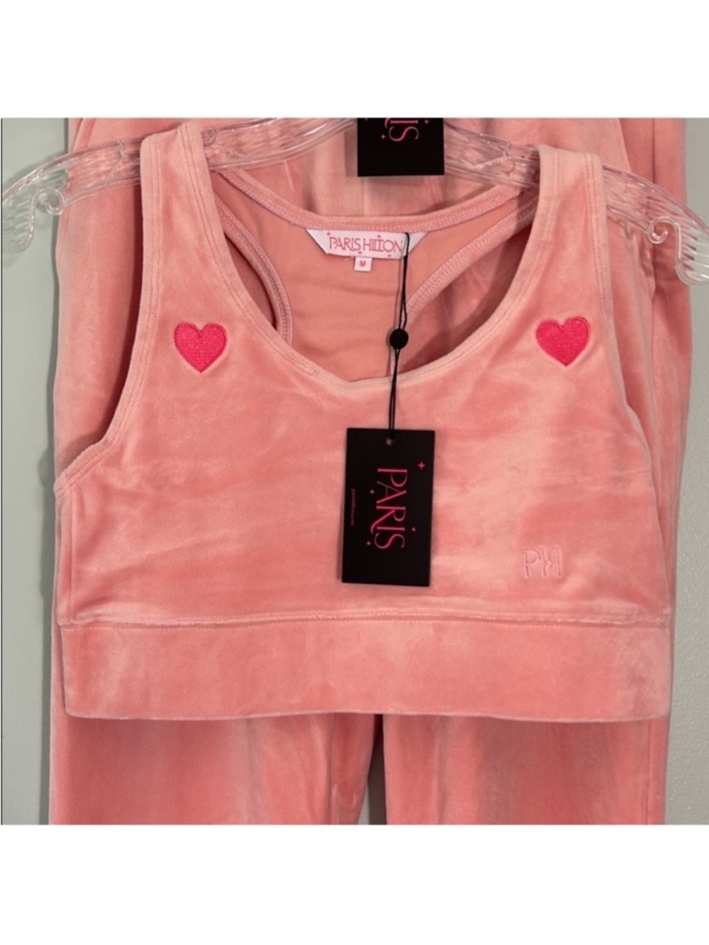 Paris Hilton Medium Set Masterpiece Pants Heart Sports Bra Pearl Blush pink NWT - Picture 9 of 15